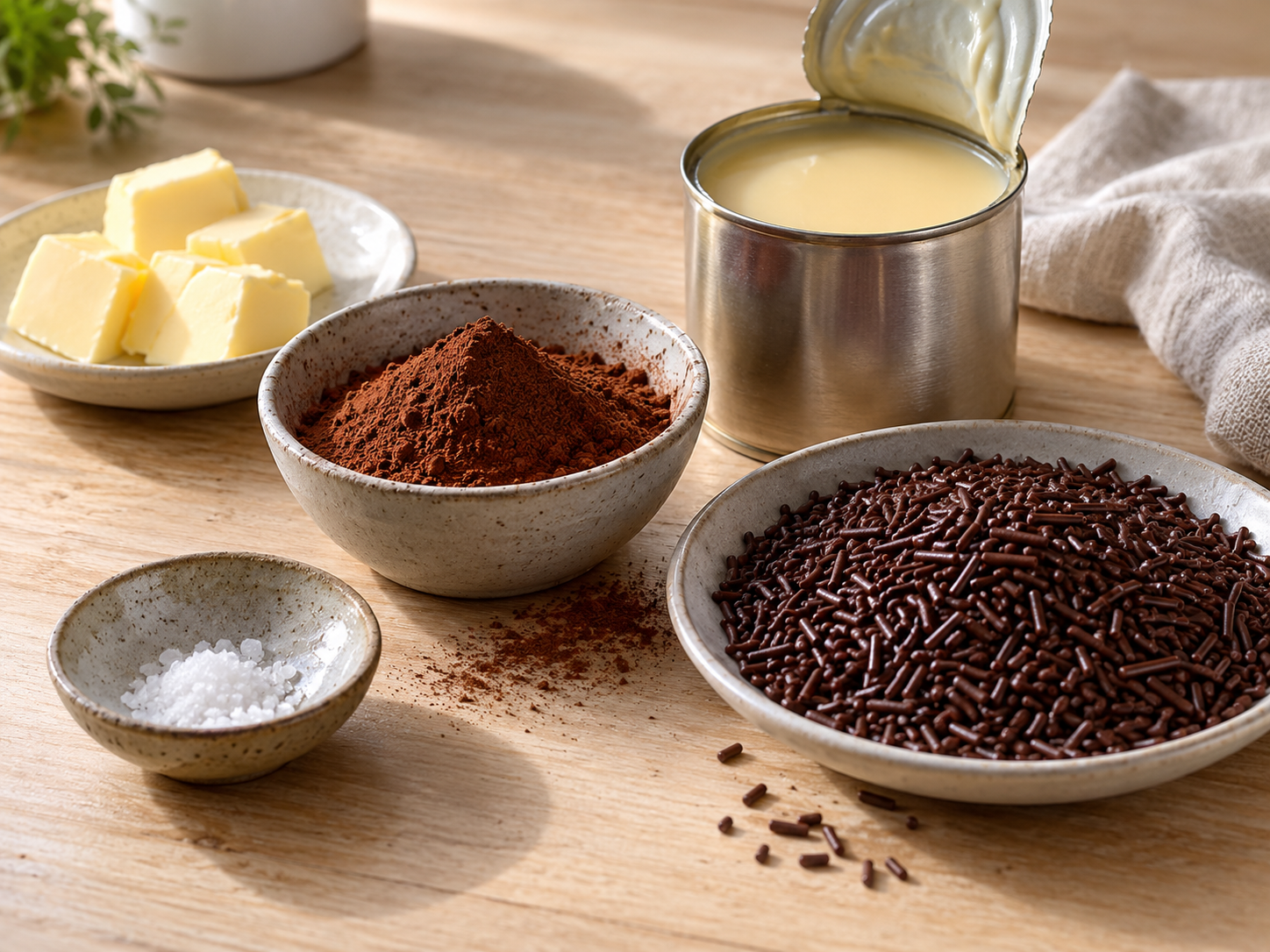 Zutaten für Schokoladenpralinen mit Kakao, Butter und Streuseln