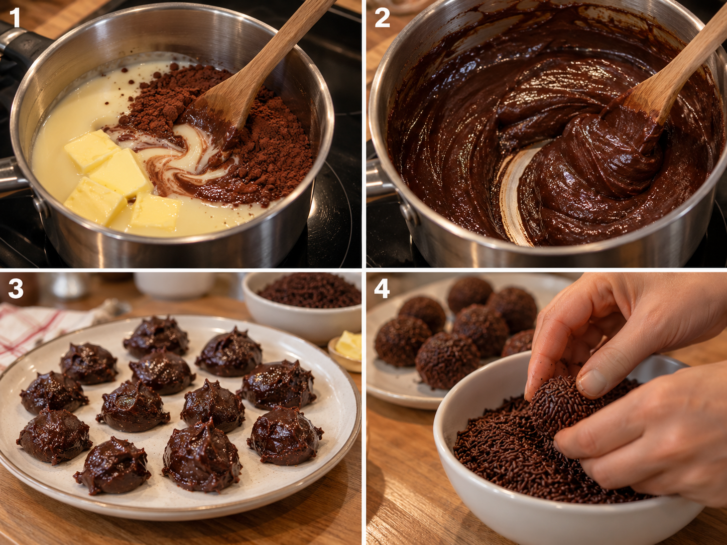 Vier Schritte vom Kochen bis zum Wälzen der Schokoladenpralinen