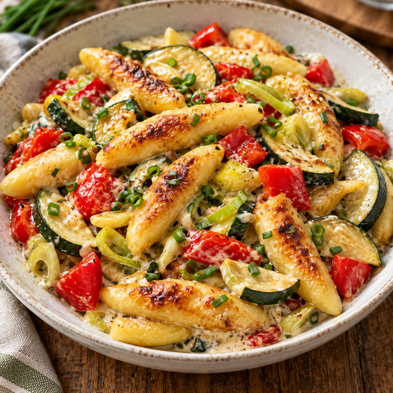 Schupfnudel-Gemüse-Pfanne mit Paprika, Zucchini und Schnittlauch