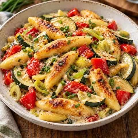 Schupfnudel-Gemüse-Pfanne mit Paprika, Zucchini und Schnittlauch