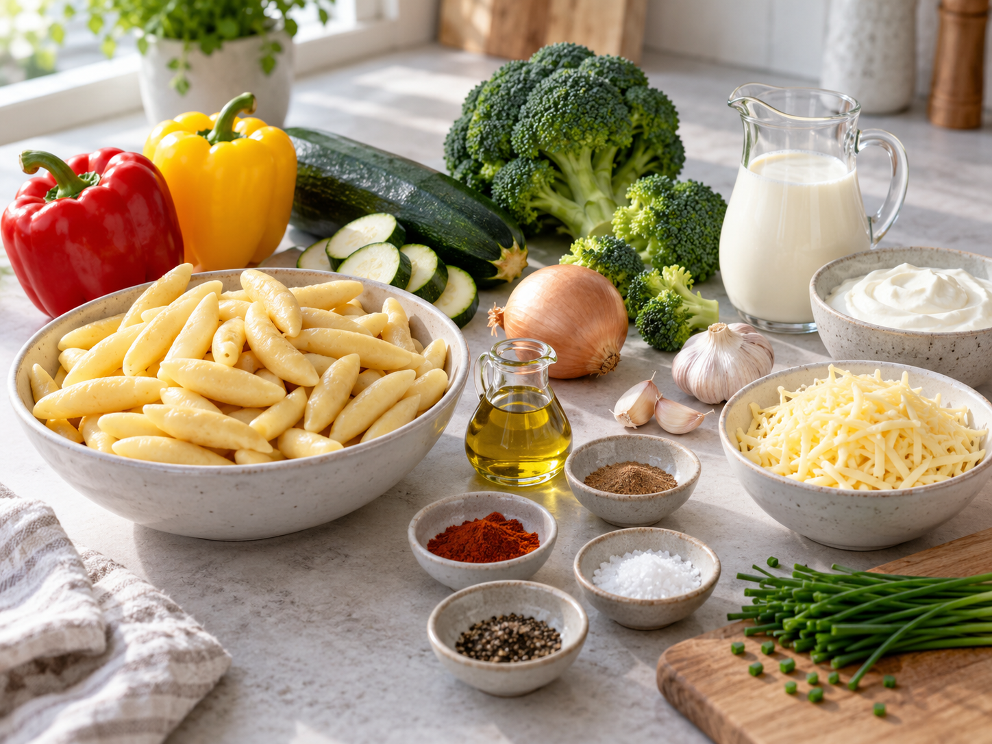 Zutaten für Schupfnudelauflauf mit Gemüse, Sahne und Käse