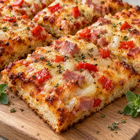 Goldbraune Schüttelpizza vom Blech mit Schinken, Paprika und Käse