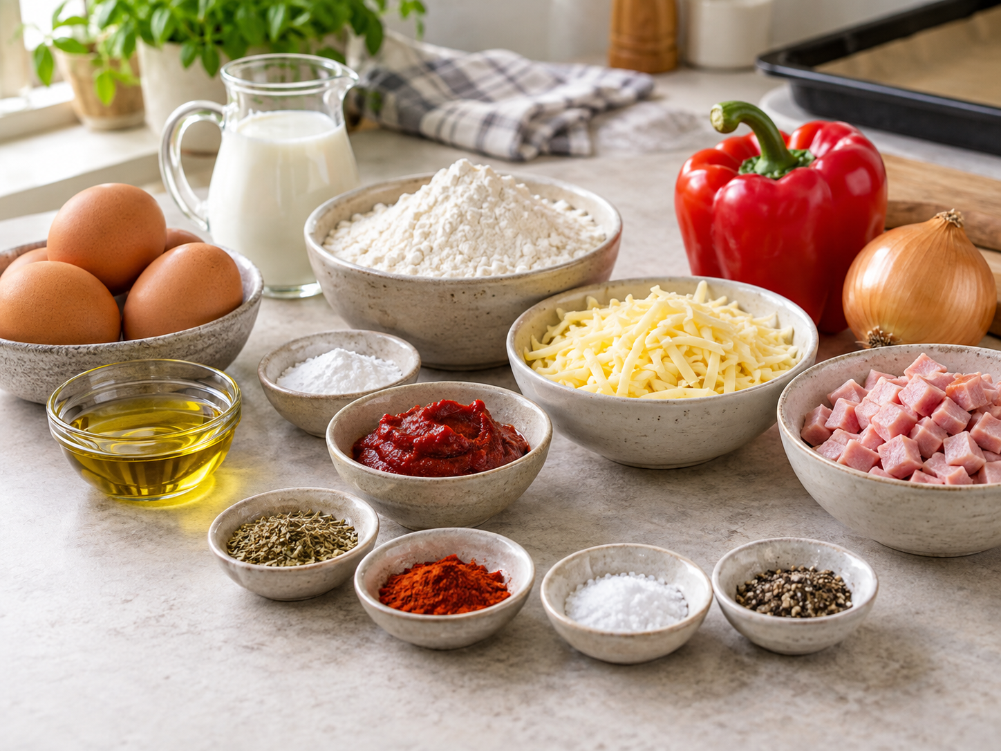 Zutaten für Schüttelpizza mit Eiern, Mehl, Schinken, Paprika und Käse