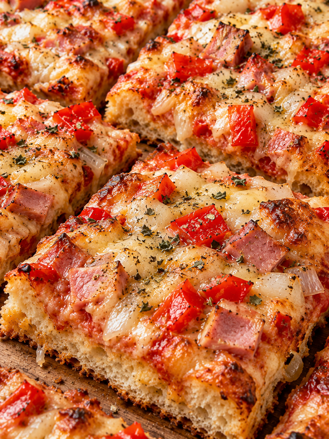 Saftige Schüttelpizza Stücke mit Paprika, Schinken und geschmolzenem Käse