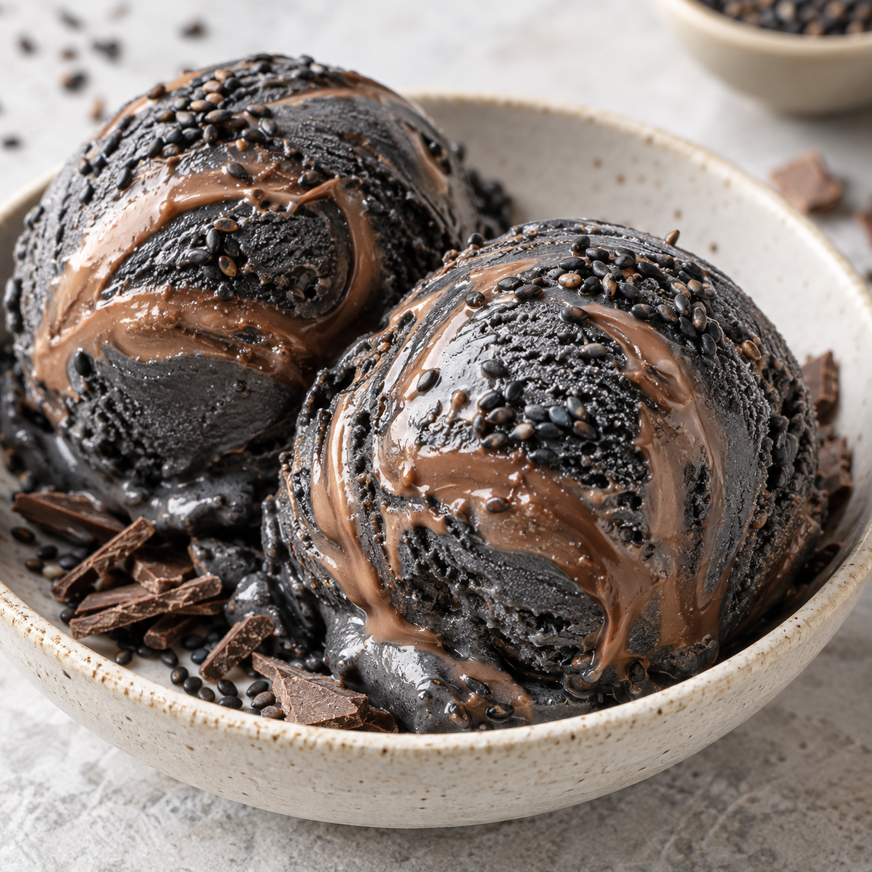 Schwarzes Sesameis mit Vollmilchschokoladen-Swirl in heller Schale