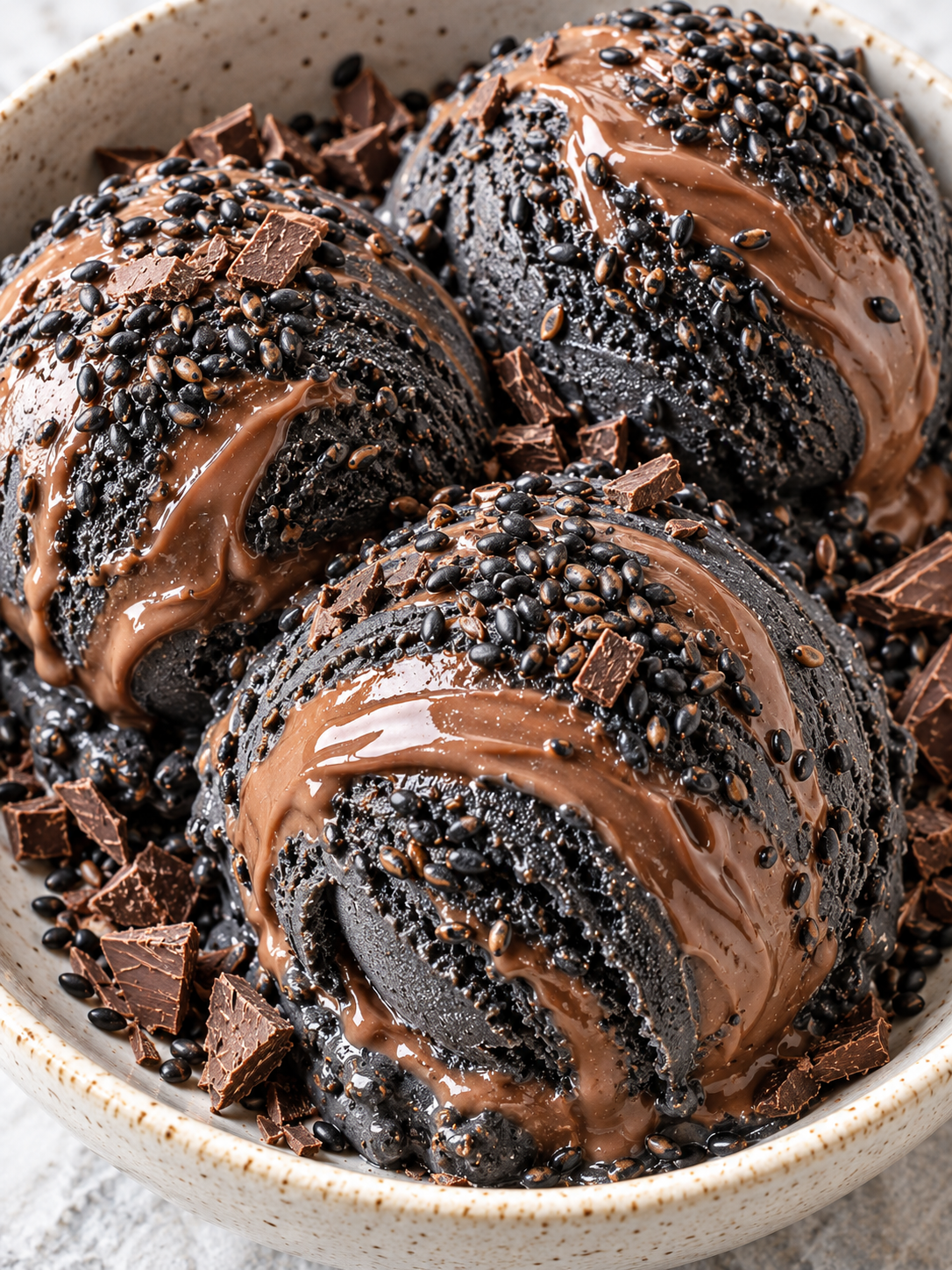 Cremiges schwarzes Sesameis mit Vollmilchschokoladen-Swirl und Sesam
