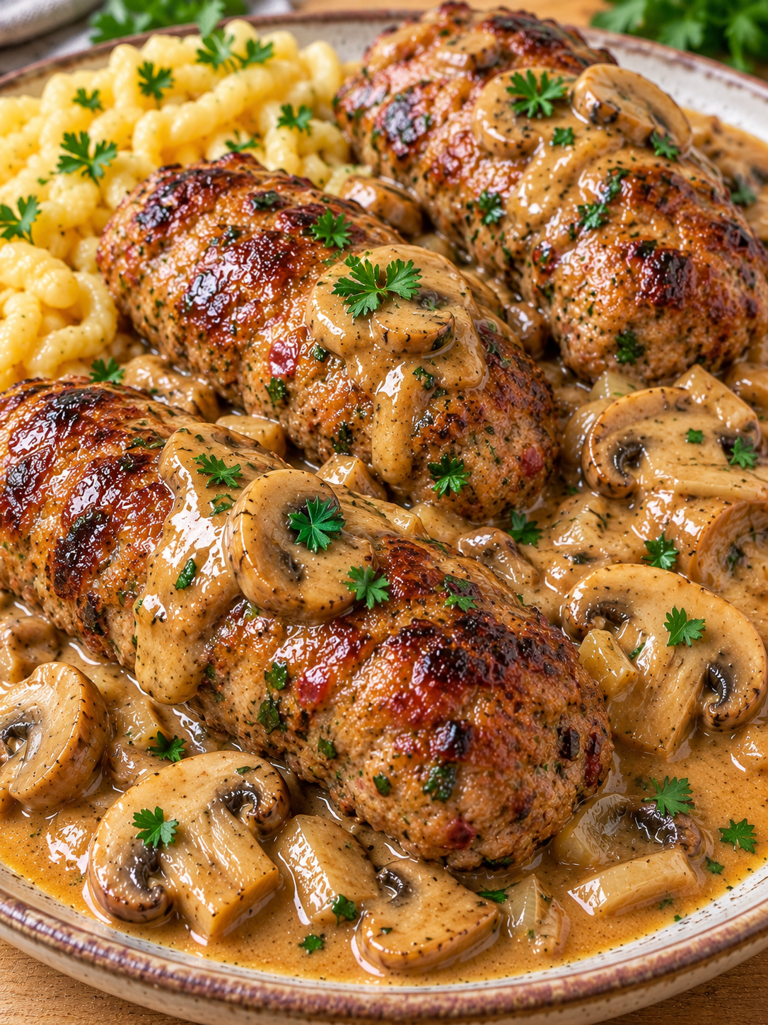 Hackrouladen in Jägersoße mit Champignons und Petersilie