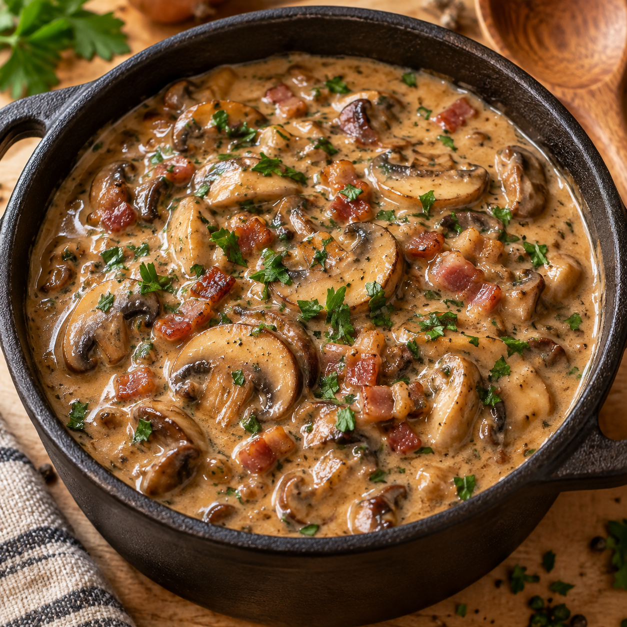 Cremige Jägersauce mit Champignons und Petersilie im Topf