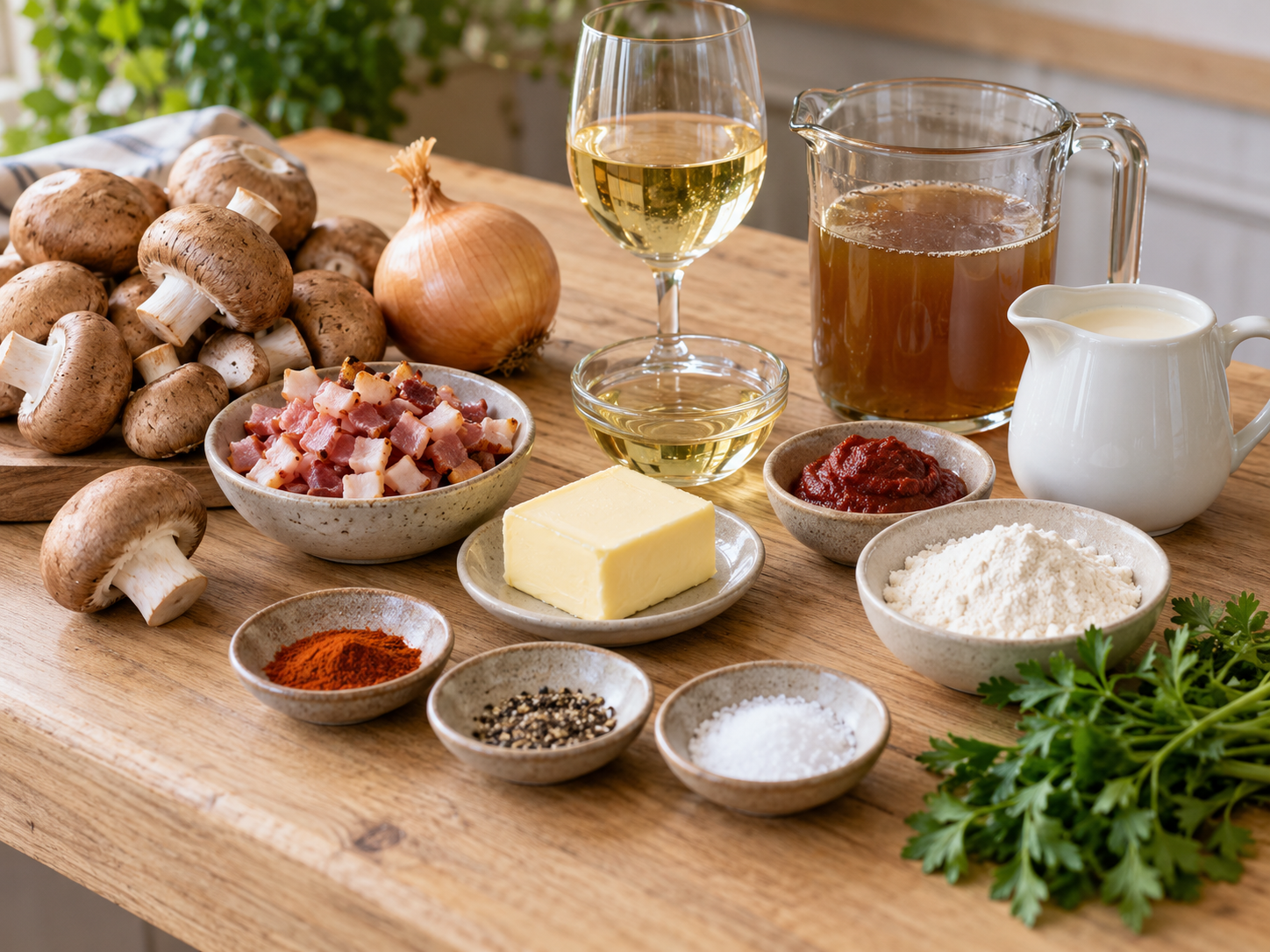 Zutaten für Jägersauce mit Champignons, Speck, Sahne und Petersilie