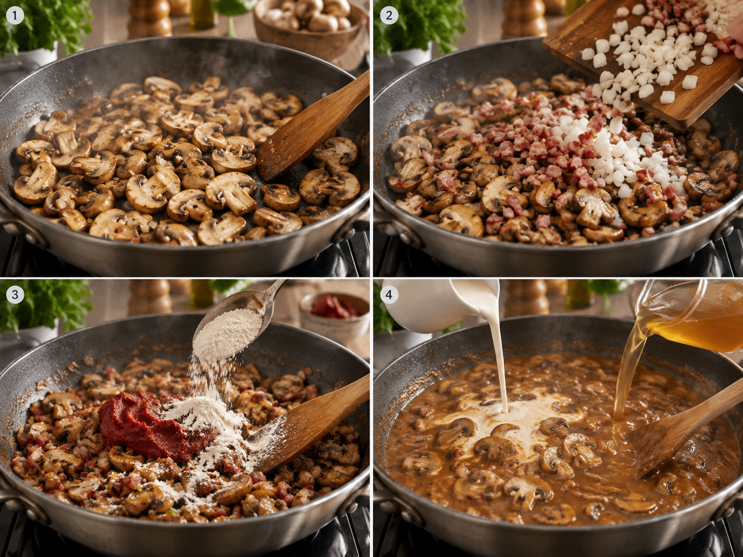 Vier Kochschritte für cremige Jägersauce mit Champignons
