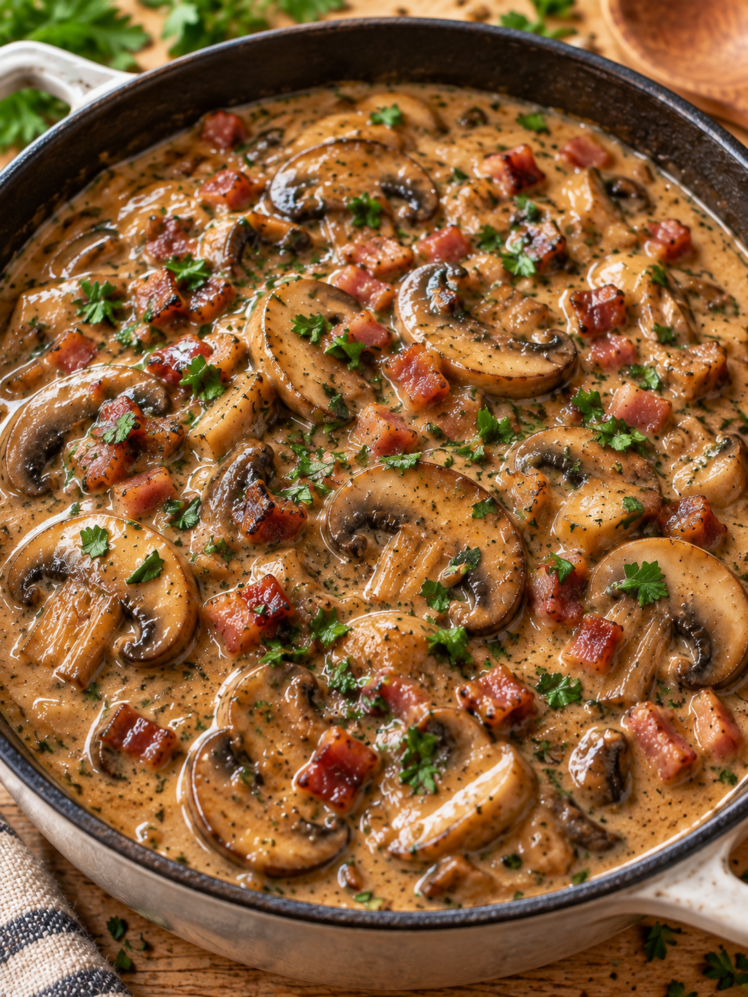 Schwarzwälder Jägersauce mit Champignons, Speck und Petersilie
