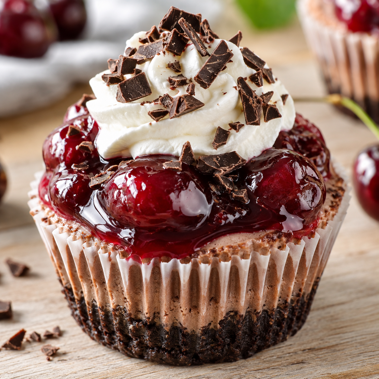 Schwarzwälder Mini-Käsekuchen mit Kirschen, Sahne und Schokospänen