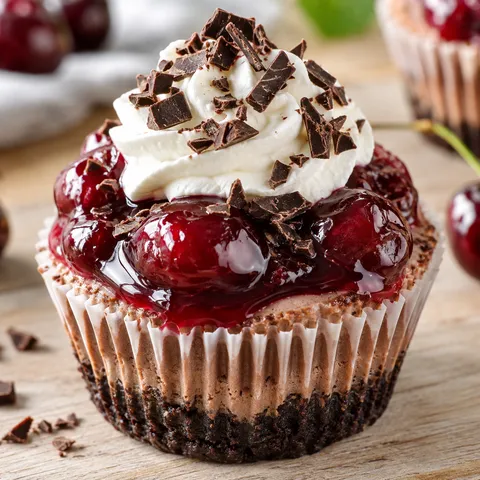 Schwarzwälder Mini-Käsekuchen mit Kirschen, Sahne und Schokospänen