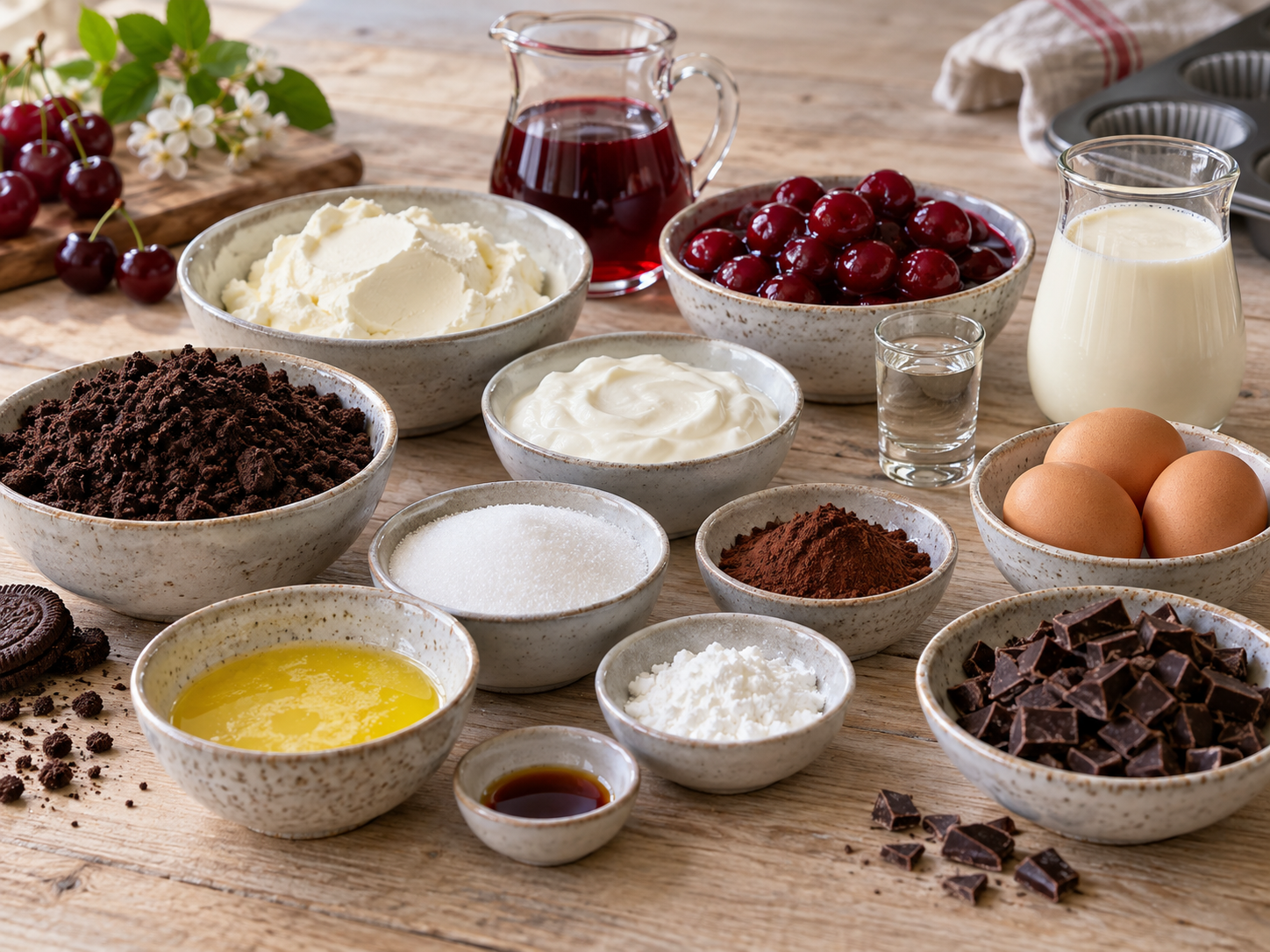 Zutaten für Schwarzwälder Mini-Käsekuchen mit Kirschen und Schokolade