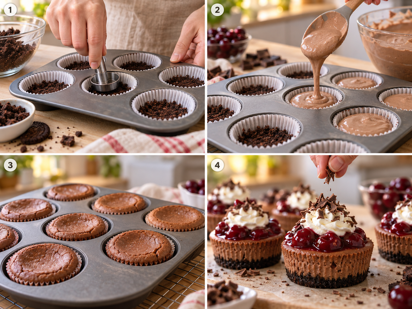 Vier Schritte für Schwarzwälder Mini-Käsekuchen aus der Muffinform
