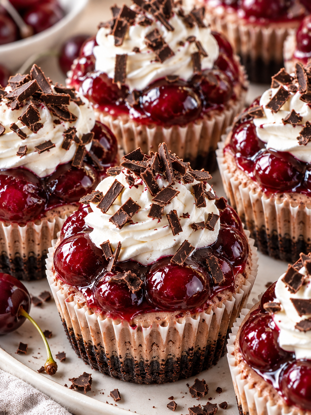 Schwarzwälder Mini-Käsekuchen mit Kirschkompott und Sahnehauben