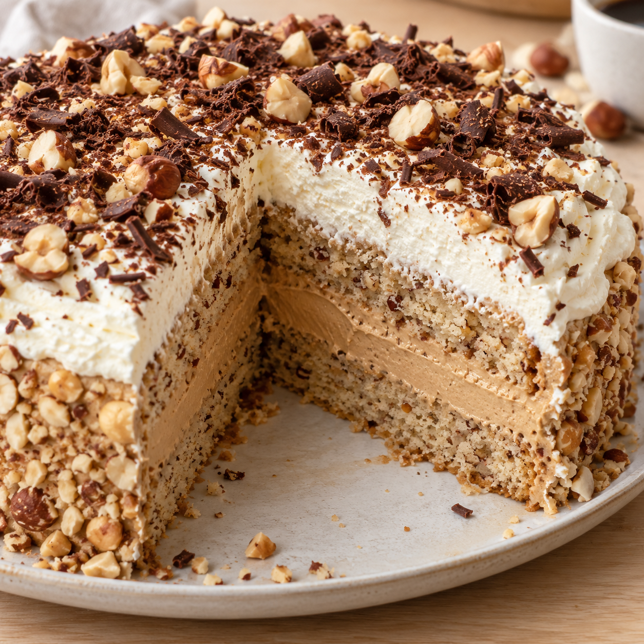 Schwedische Nusstorte mit Kaffeecreme, Nüssen und Schokoraspeln