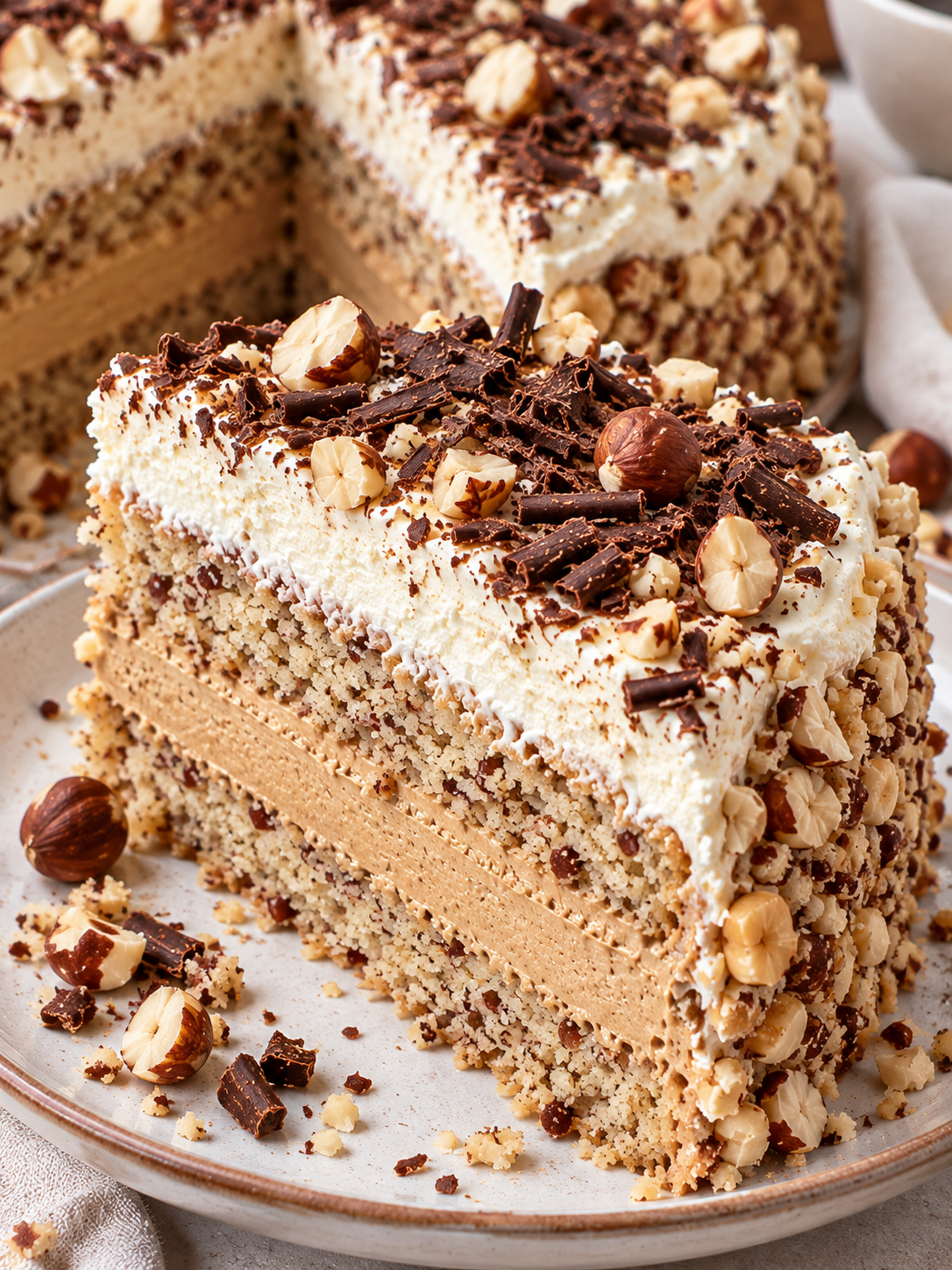 Tortenstück mit Kaffeecreme, Sahne, Nüssen und Schokoraspeln