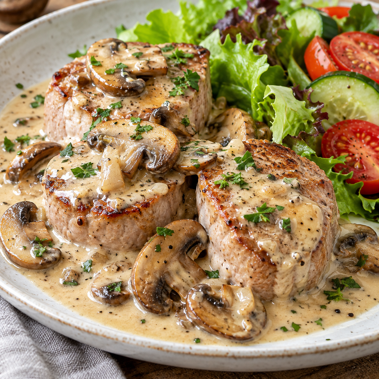Schweinefilet in cremiger Pilzsoße mit frischem Salat