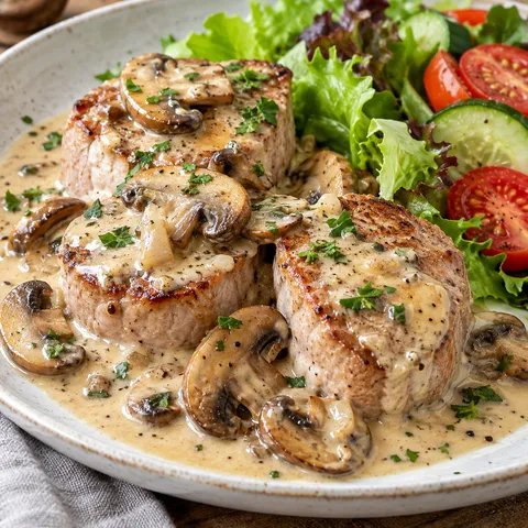 Schweinefilet in cremiger Pilzsoße mit frischem Salat