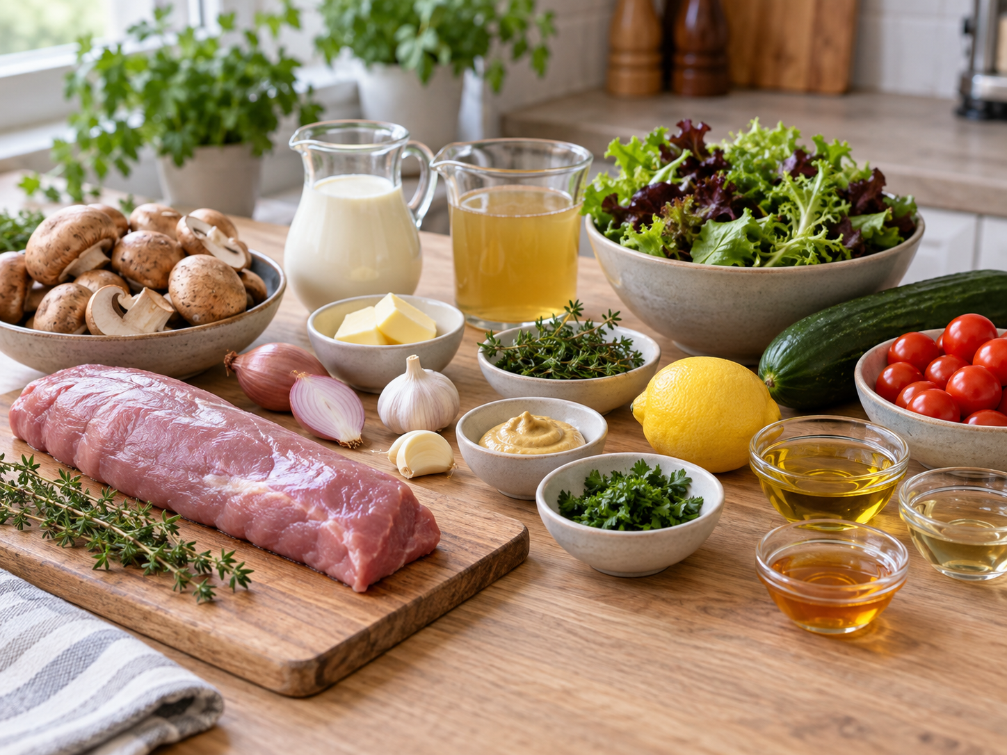 Zutaten für Schweinefilet mit Pilzsoße und Salat auf hellem Holz