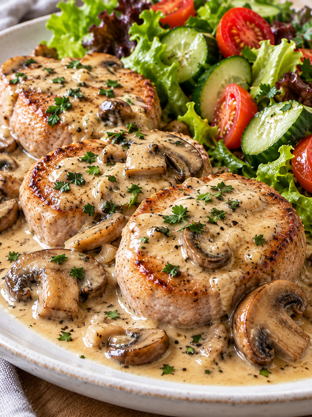 Zartes Schweinefilet mit Pilzrahmsoße und knackigem Salat