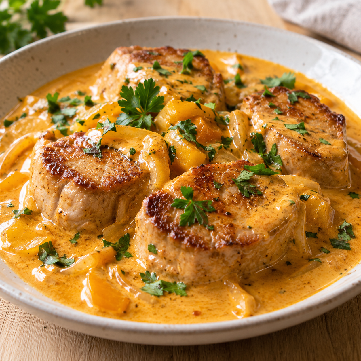 Schweinefiletmedaillons in orangefarbener Curry-Sahne-Soße mit Kräutern