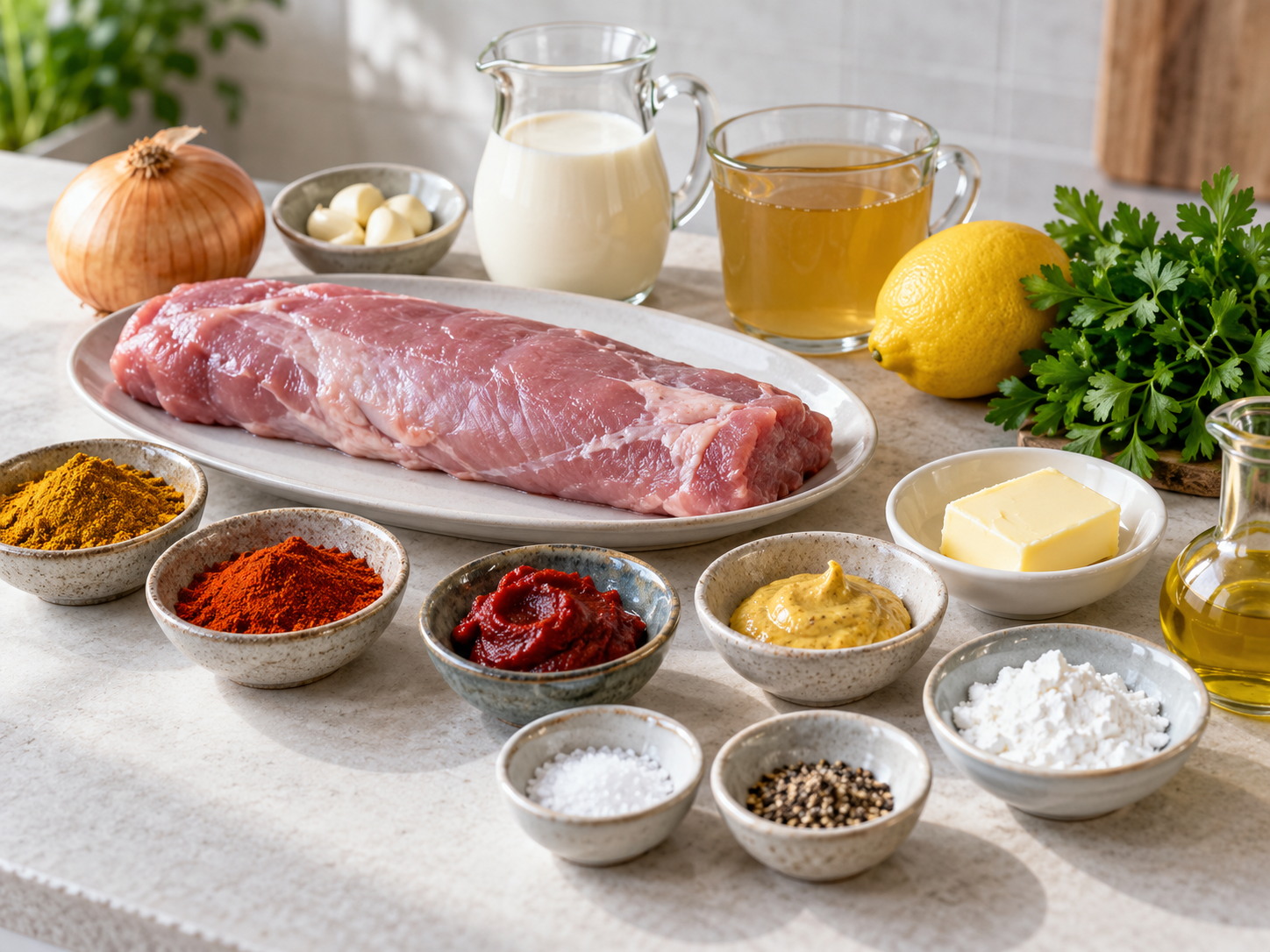 Zutaten für Schweinefilet in Curry-Sahne-Soße auf heller Küchenfläche