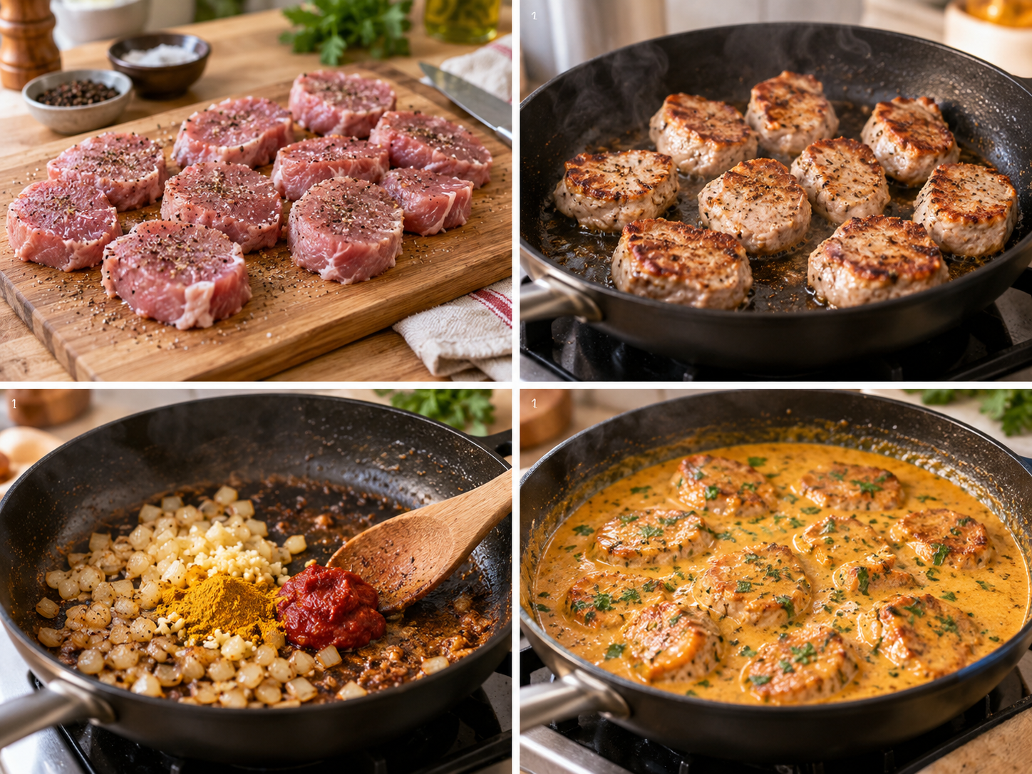 Vier Zubereitungsschritte für Schweinefilet in Curry-Sahne-Soße