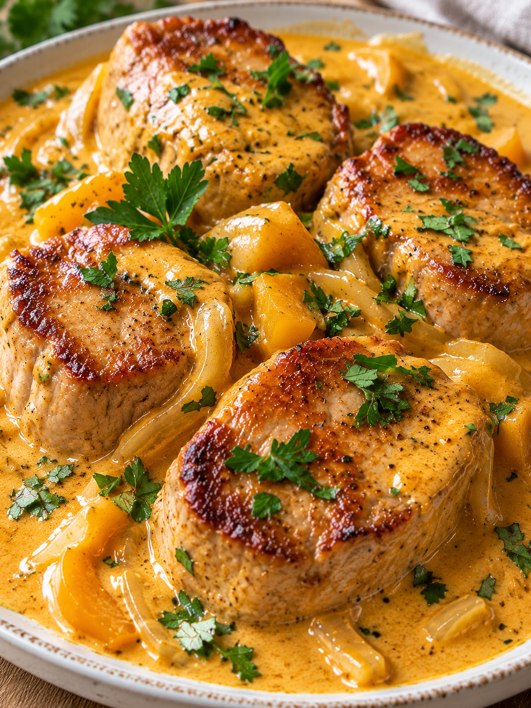 Cremiges Schweinefilet in Curry-Sahne-Soße mit Kräutern