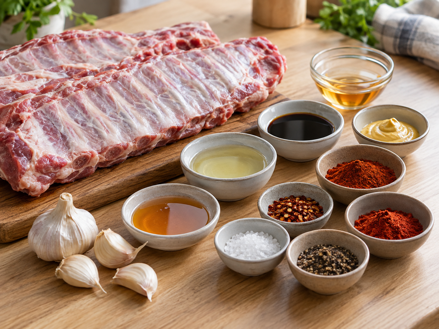 Zutaten für Schweinerippchen mit Honig, Senf, Knoblauch und Paprika