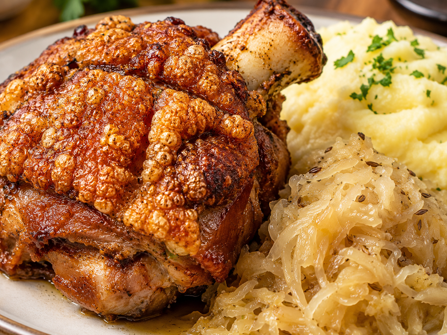 Nahaufnahme von knuspriger Haxenkruste, Sauerkraut und Kartoffelpüree.