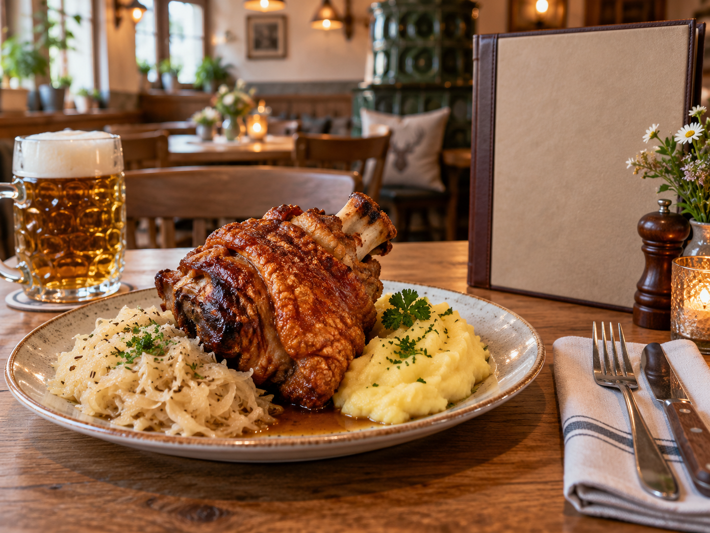 Schweinshaxe mit Sauerkraut auf einem Wirtshaustisch mit Besteck und unbeschrifteter Karte.