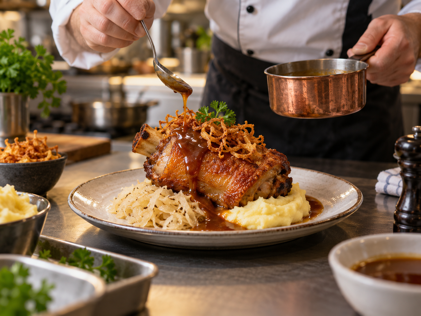 Eine Schweinshaxe mit Sauerkraut und Kartoffelpüree wird sorgfältig auf einem Teller angerichtet.