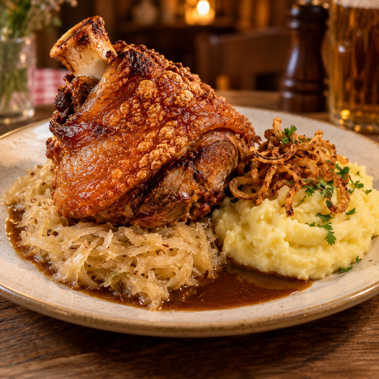 Knusprige Schweinshaxe mit Sauerkraut, Kartoffelpüree, Röstzwiebeln und Soße auf einem Teller.