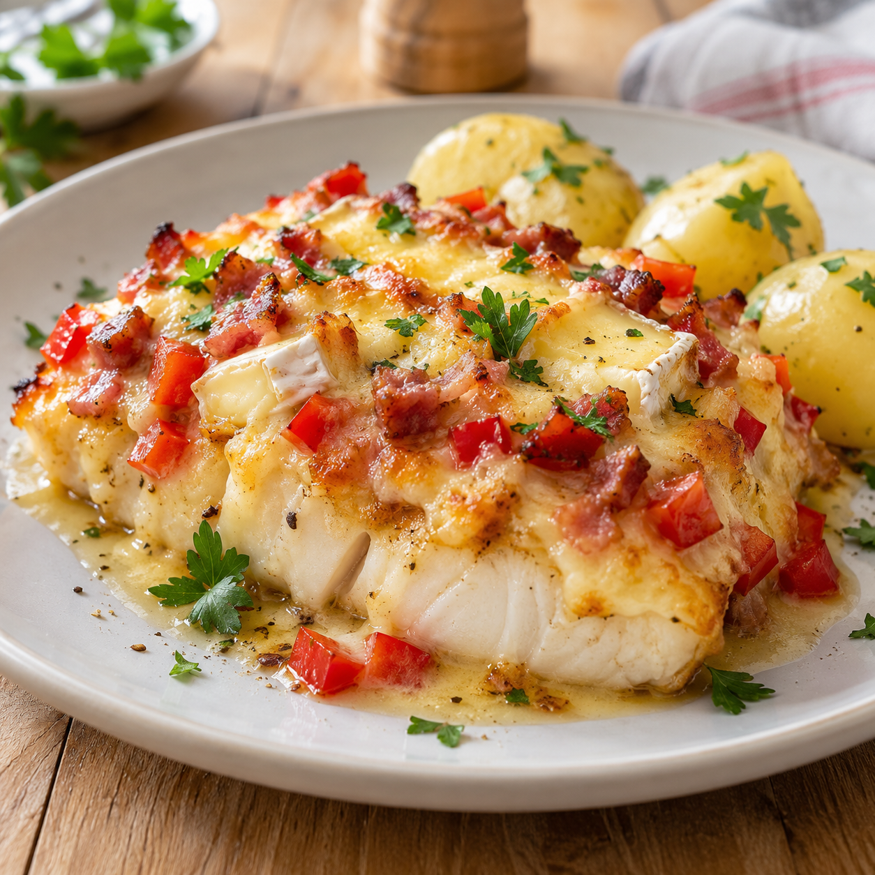 Überbackenes Fischkotelett mit Speck, Camembert, Paprika und Käse