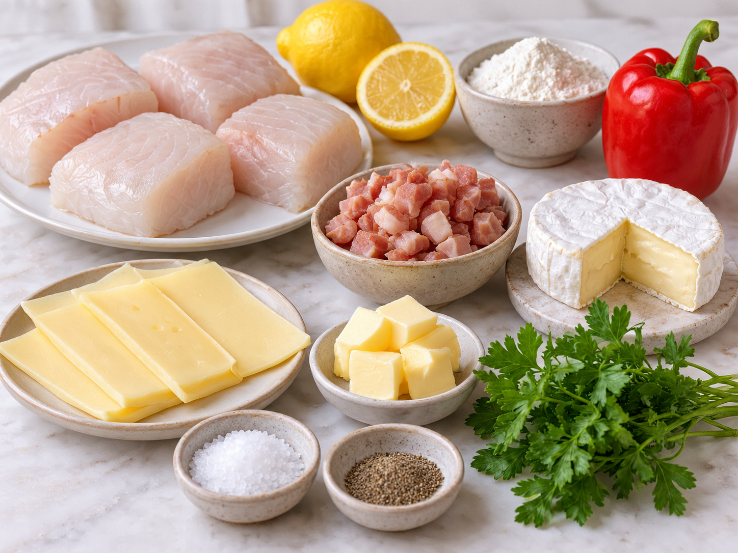 Zutaten für Fischkoteletts mit Speck, Camembert, Paprika und Käse