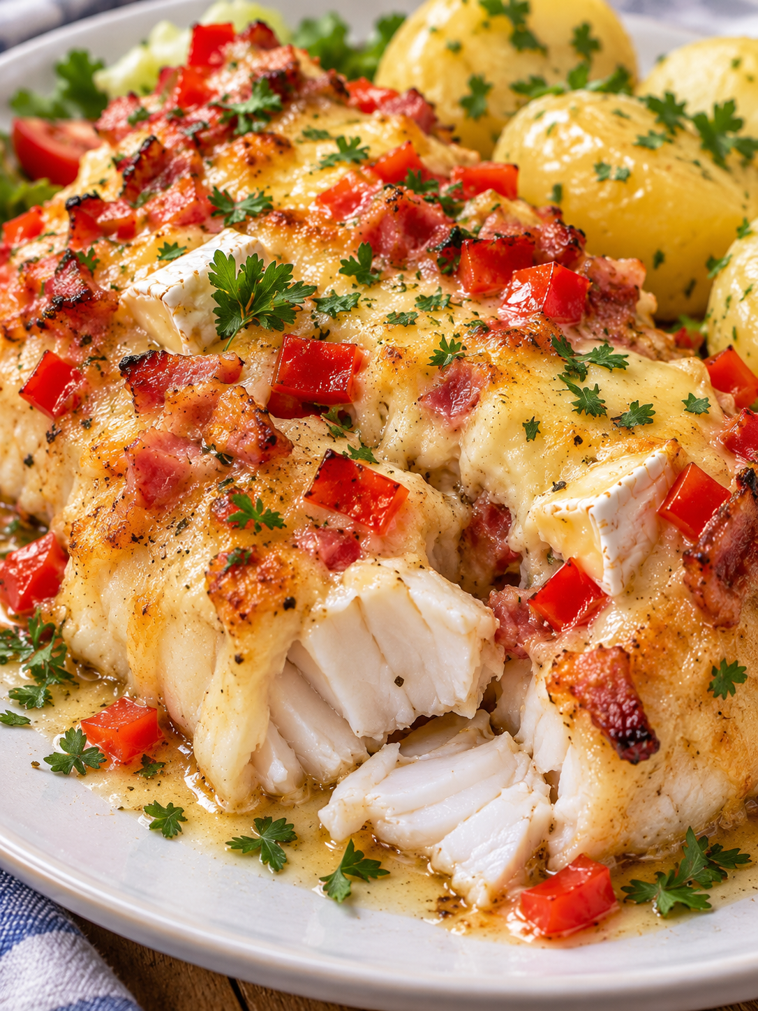 Saftiges Fischkotelett mit goldener Käsehaube, Speck und roter Paprika