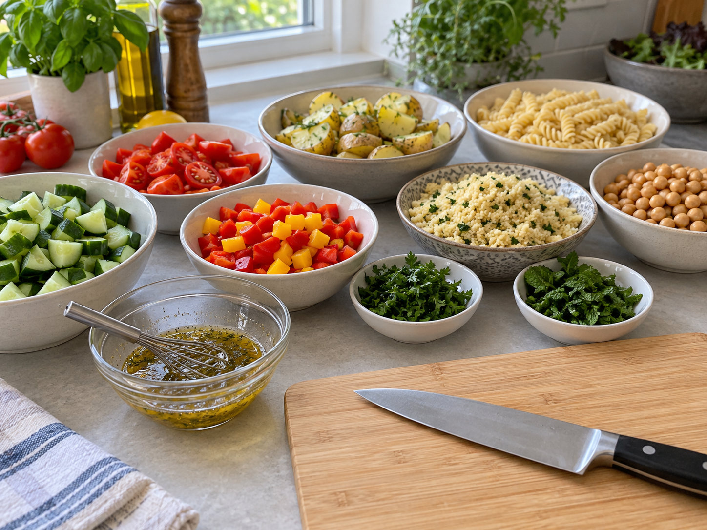 Vorbereitete Zutaten für Salate ohne Blattsalat in getrennten Schalen