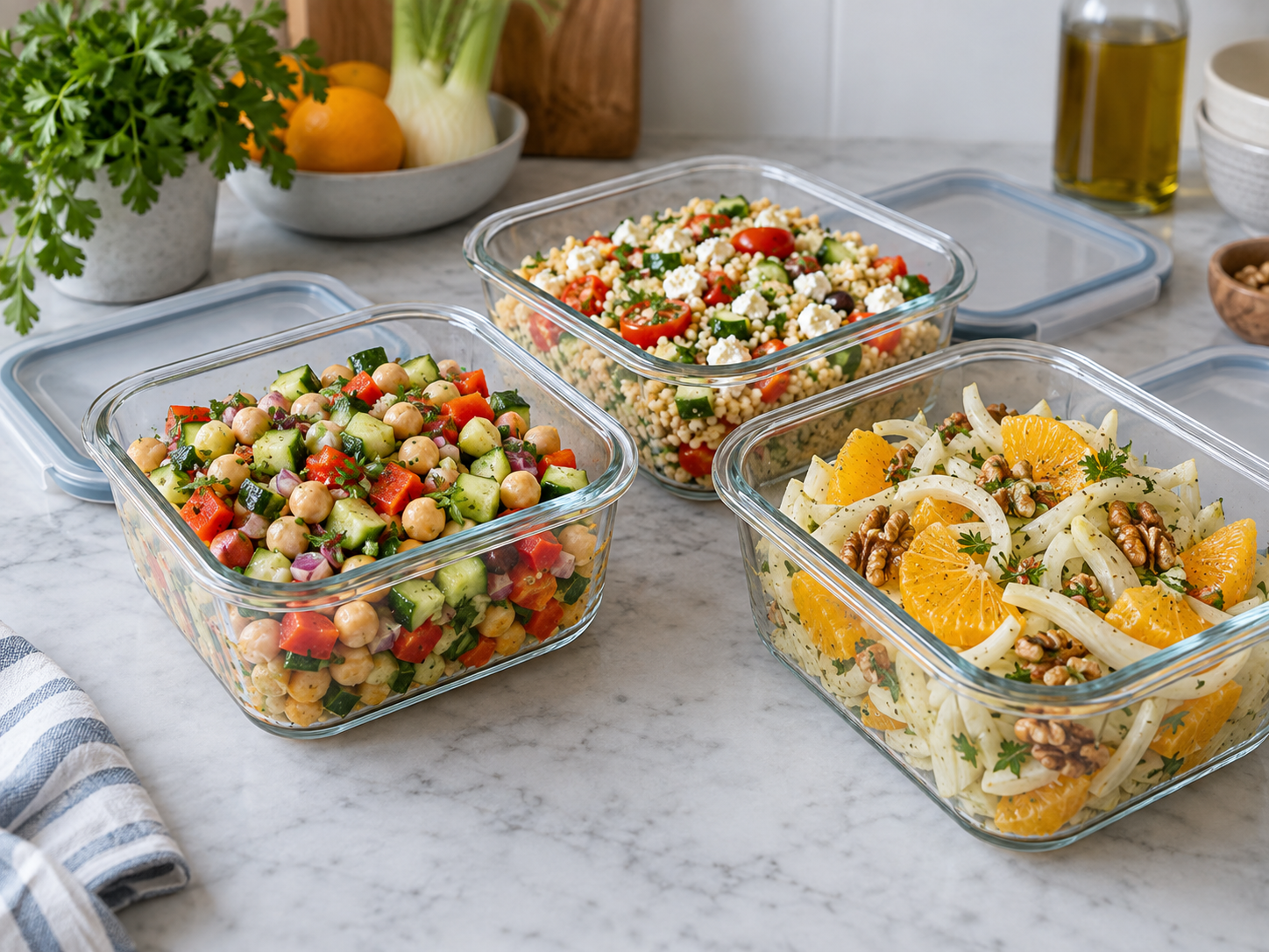 Drei vorbereitete Salate ohne Blattsalat in Glasbehältern