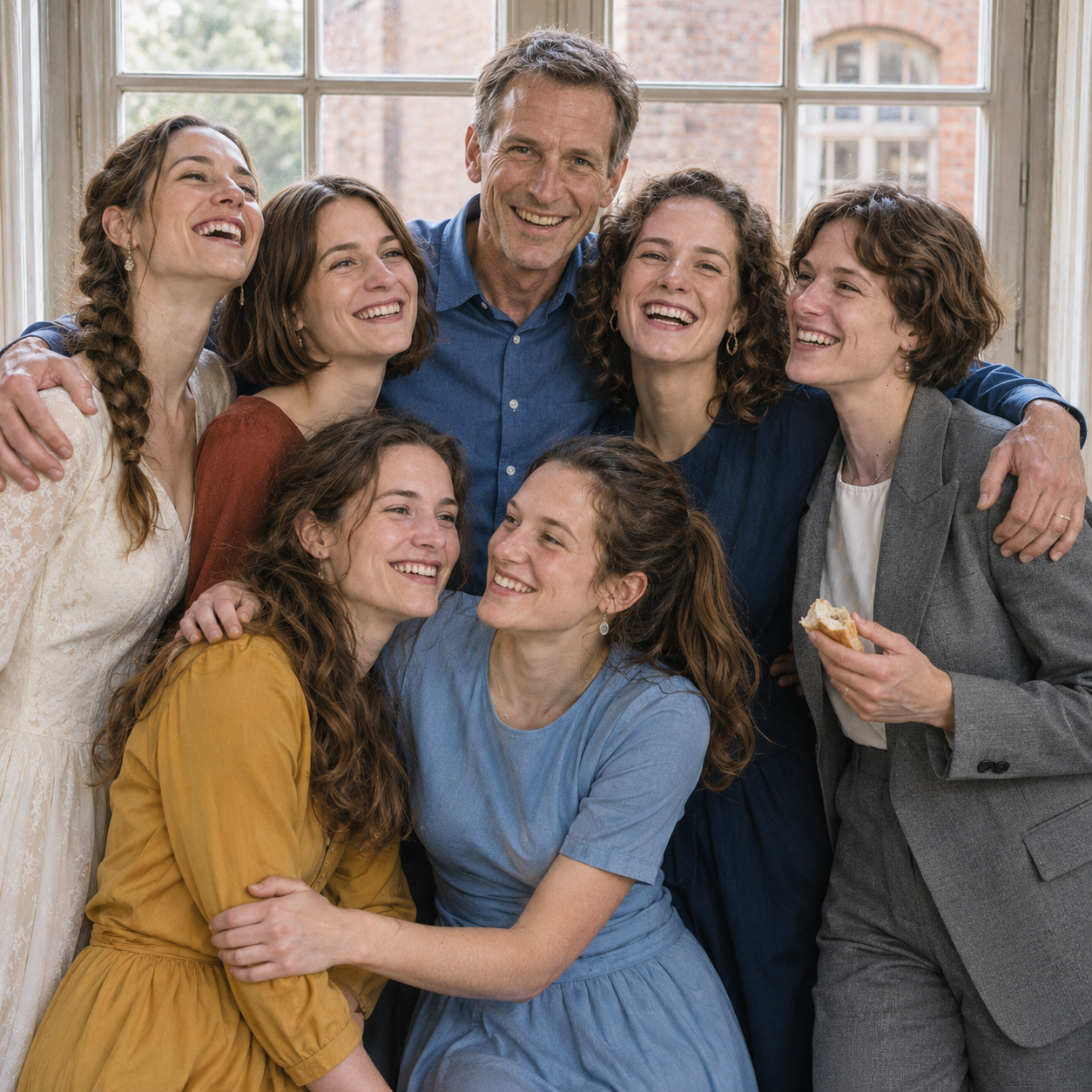 Hannes und seine sechs erwachsenen Töchter rücken bei Johannas Hochzeit lachend zu einem Familienfoto zusammen.