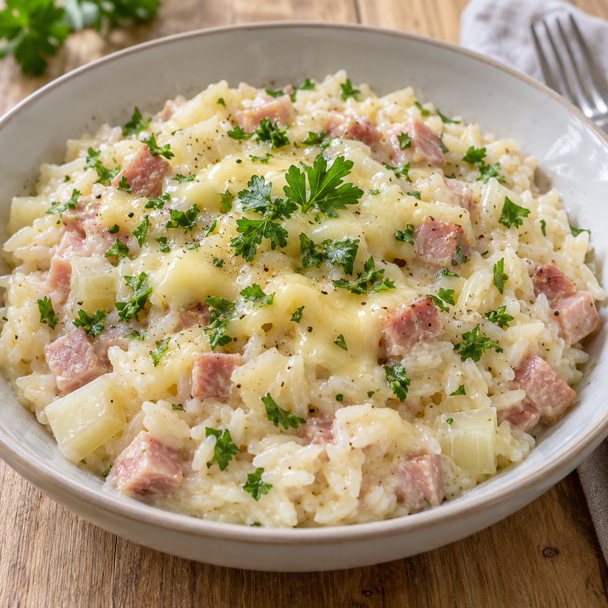 Selleriereis mit Schinken, Gouda und Petersilie in einer hellen Schüssel