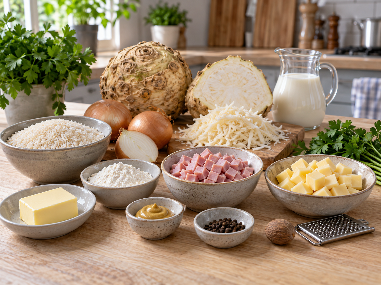 Zutaten für Selleriereis mit Knollensellerie, Schinken und Gouda