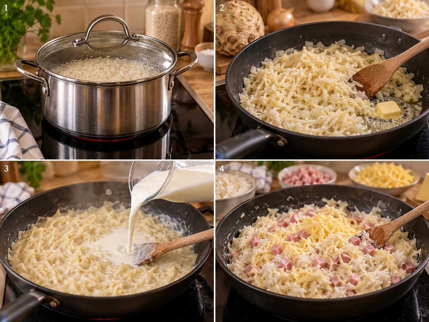 Vier Schritte für Selleriereis vom Kochen bis zum Unterheben von Käse