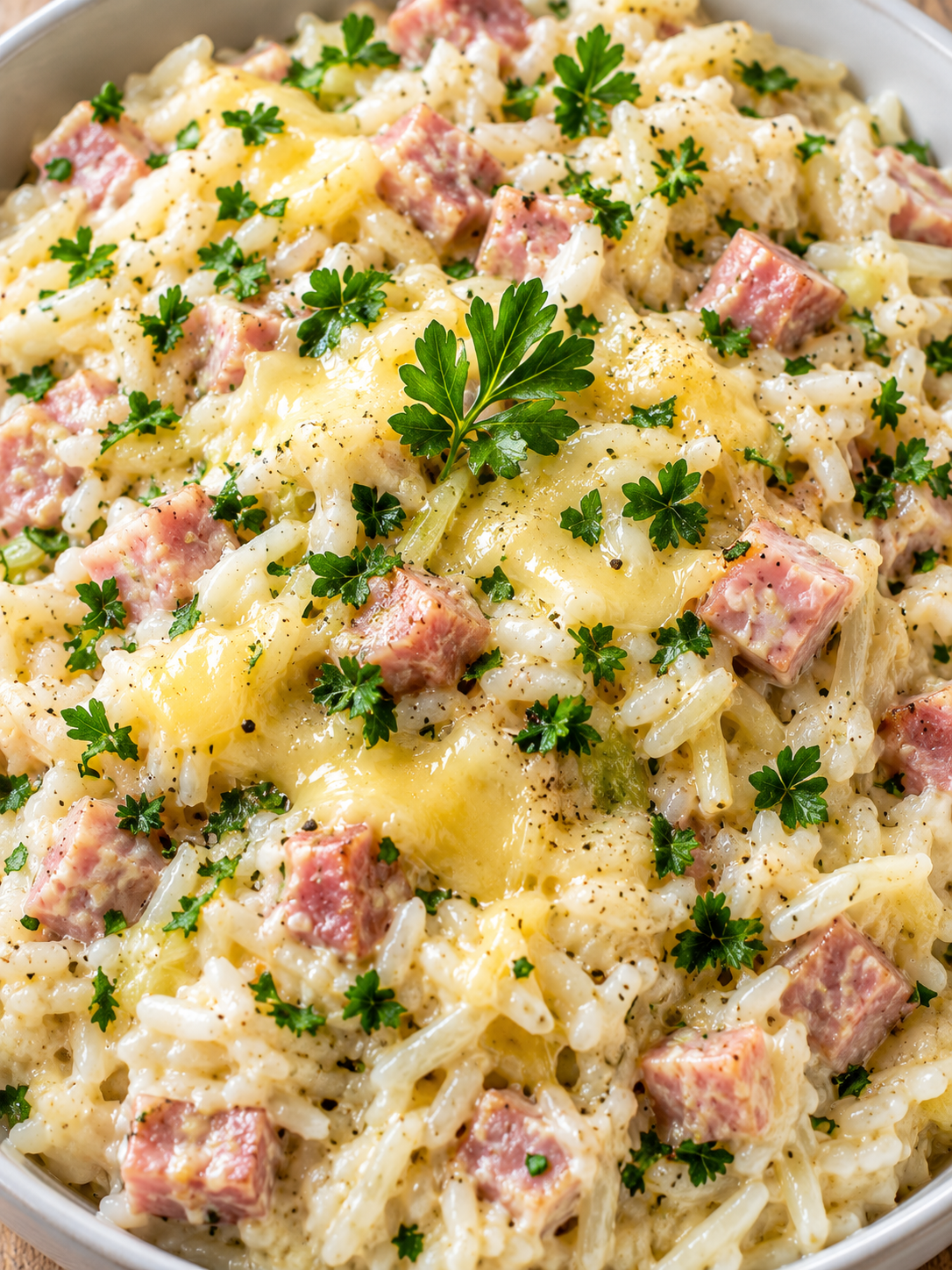 Cremiger Selleriereis mit Schinken, Gouda und Petersilie