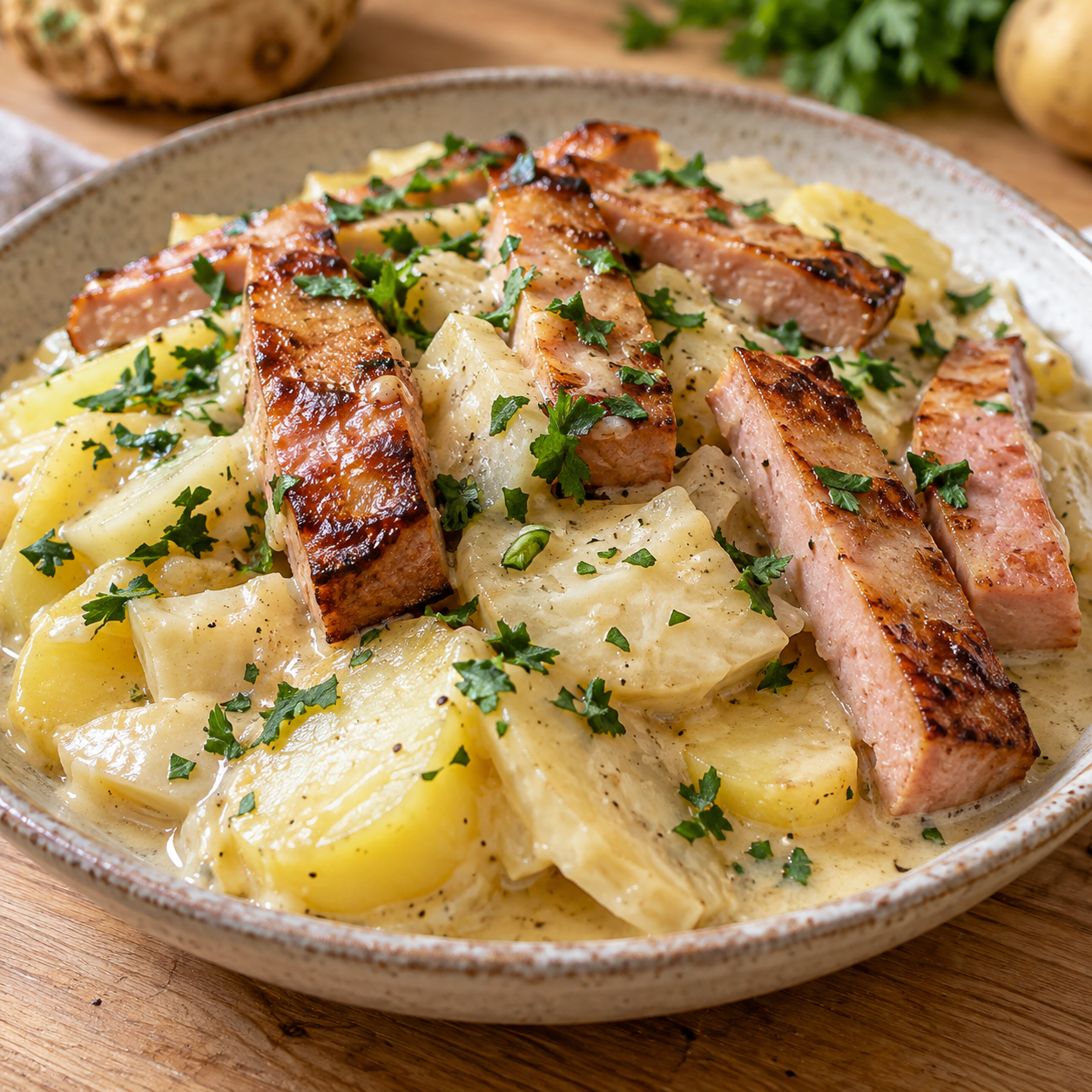 Sellerietopf mit Leberkäse, Kartoffeln und Petersilie in einer Schale