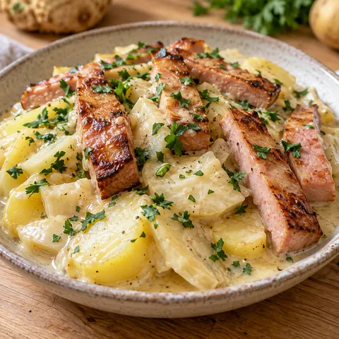 Sellerietopf mit Leberkäse, Kartoffeln und Petersilie in einer Schale