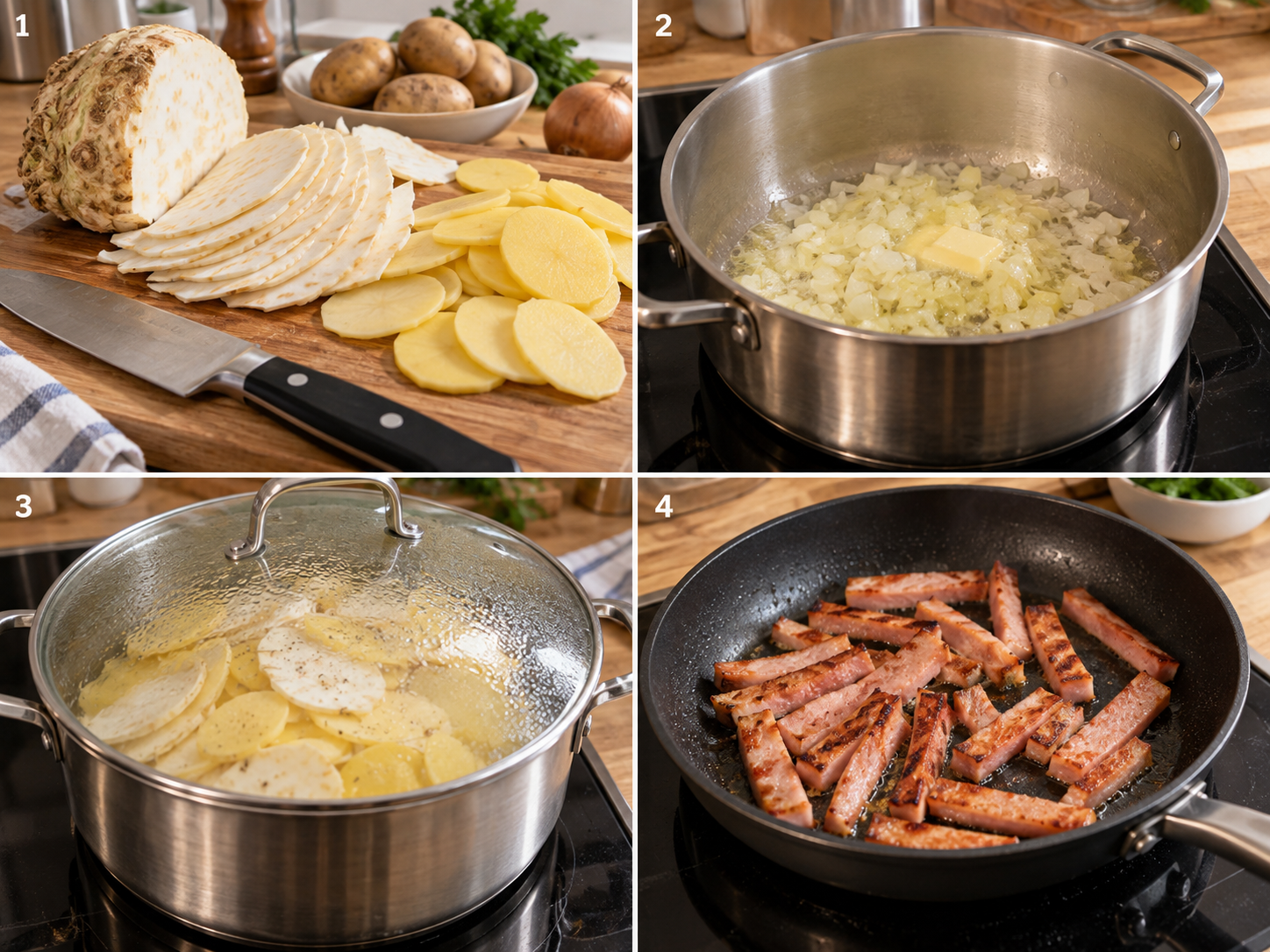 Vier Schritte für Sellerietopf mit Leberkäse vom Schneiden bis Braten