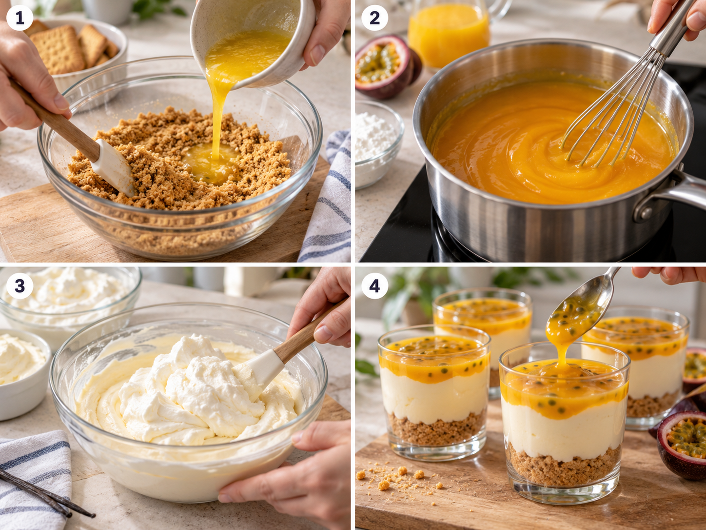 Vier Schritte für Solero-Dessert im Glas mit Creme und Maracuja