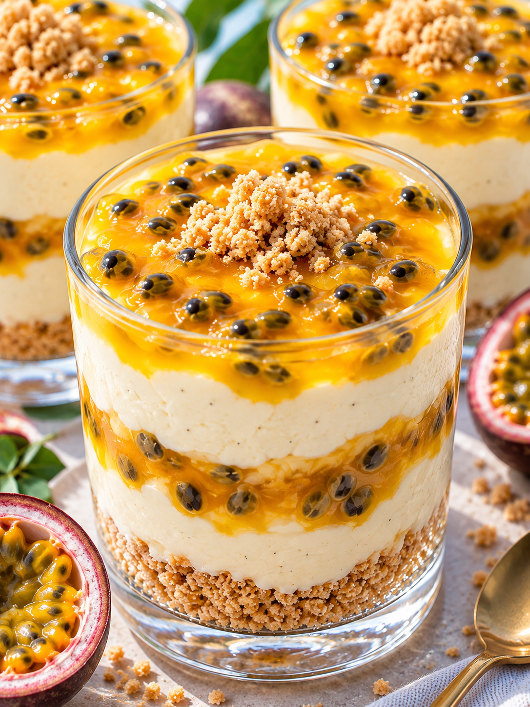 Solero-Dessertgläser mit Maracuja-Spiegel, Vanillecreme und Keksboden
